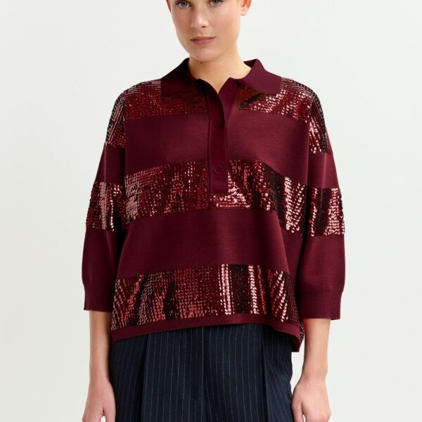 Essentiel Antwerp Burgundy striped sequin-embellished polo - Essentiel Antwerp Tops - Colorful Belgian Design - Shop at Coveti