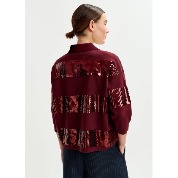 Essentiel Antwerp Burgundy striped sequin-embellished polo Top, view 3