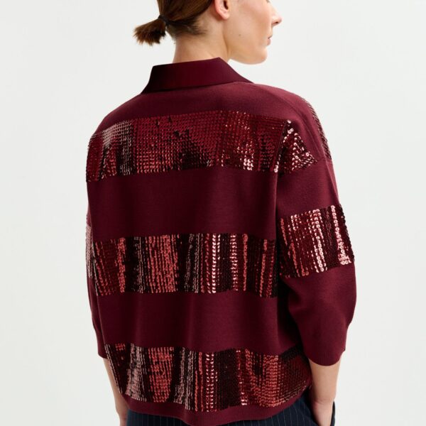 Essentiel Antwerp Burgundy striped sequin-embellished polo - Essentiel Antwerp Tops - Colorful Belgian Design - Shop at Coveti