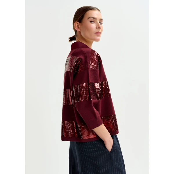 Essentiel Antwerp Burgundy striped sequin-embellished polo Top, view 4