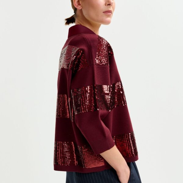Essentiel Antwerp Burgundy striped sequin-embellished polo - Essentiel Antwerp Tops - Colorful Belgian Design - Shop at Coveti
