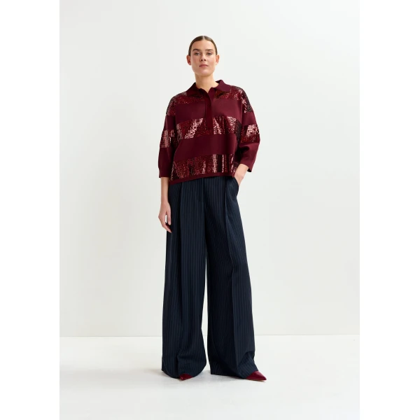 Essentiel Antwerp Burgundy striped sequin-embellished polo Top, view 5