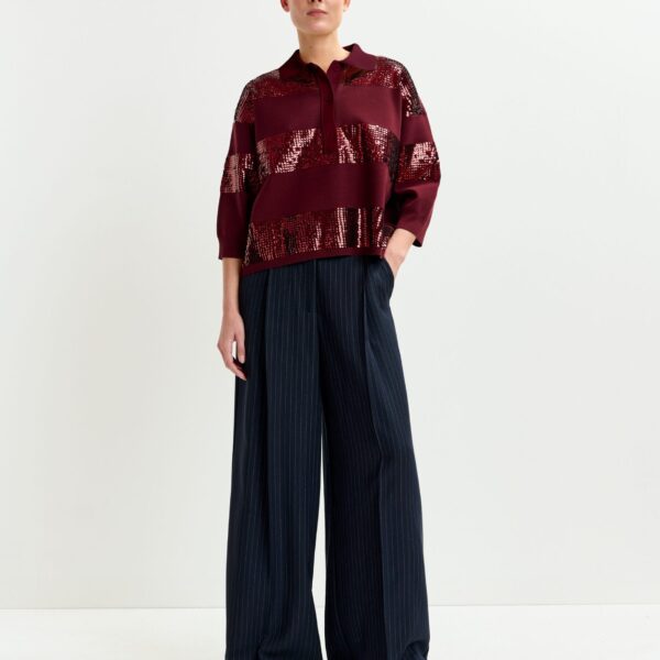 Essentiel Antwerp Burgundy striped sequin-embellished polo - Essentiel Antwerp Tops - Colorful Belgian Design - Shop at Coveti