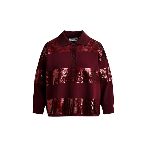 Essentiel Antwerp Burgundy striped sequin-embellished polo - Essentiel Antwerp Tops - Colorful Belgian Design - Shop at Coveti