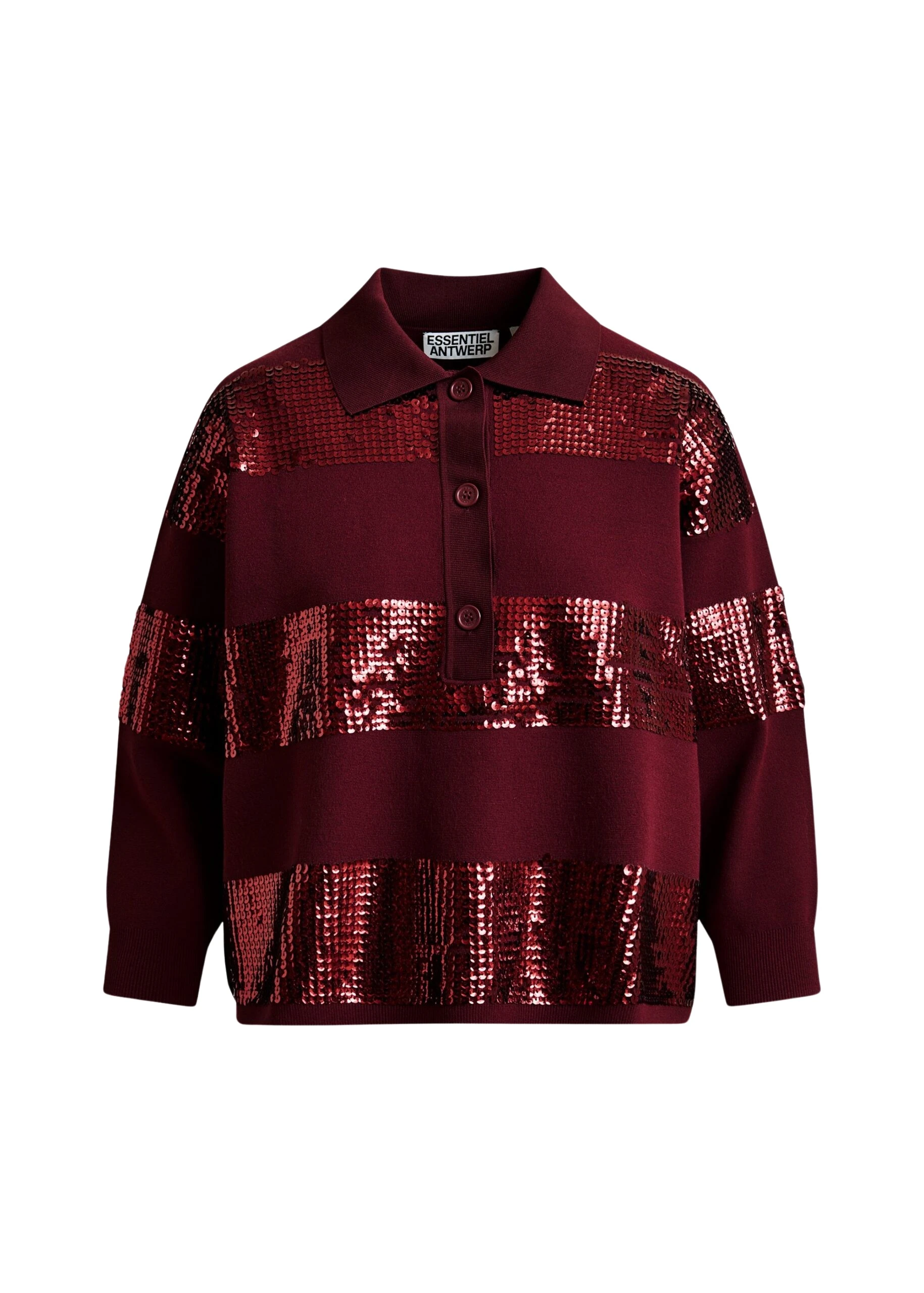 Burgundy-striped-sequin-embellished-polo-Essentiel-Antwerp-Tops-scaled50080_nobg Essentiel Antwerp Burgundy striped sequin-embellished polo - Essentiel Antwerp Tops - Colorful Belgian Design - Shop at Coveti