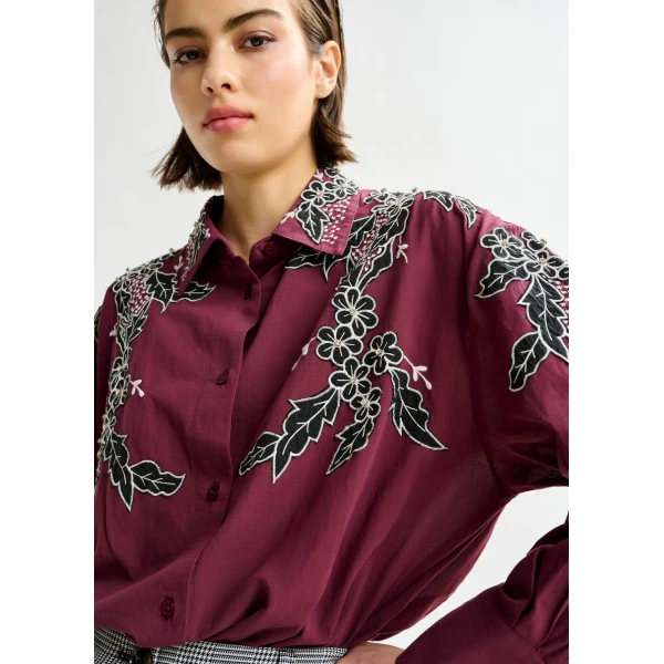 Essentiel Antwerp Burgundy, white and black embroidered cotton shirt with rhinestone embellishements, view 2