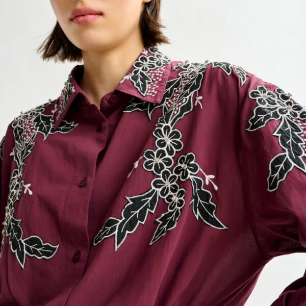 white and black embroidered cotton shirt with rhinestone embellishements - Essentiel Antwerp Shirts - Colorful Belgian Design - Shop at Coveti
