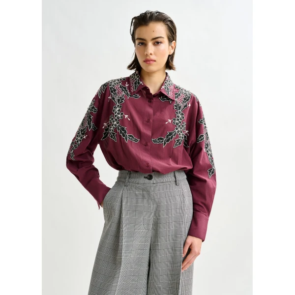 Essentiel Antwerp Burgundy, white and black embroidered cotton shirt with rhinestone embellishements, view 3