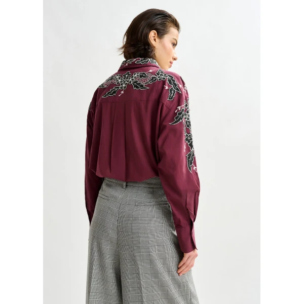 Essentiel Antwerp Burgundy, white and black embroidered cotton shirt with rhinestone embellishements, view 4
