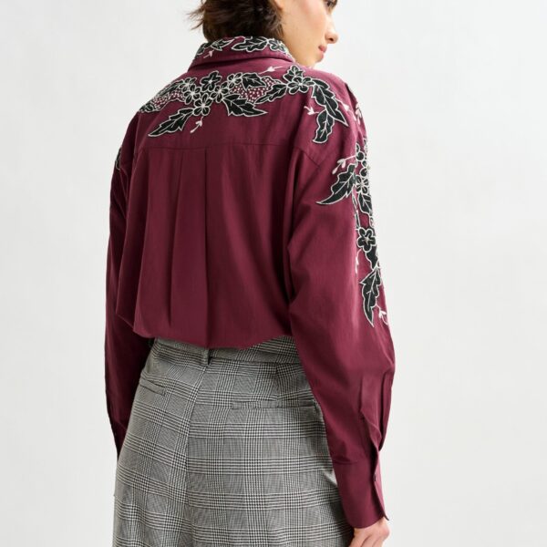 white and black embroidered cotton shirt with rhinestone embellishements - Essentiel Antwerp Shirts - Colorful Belgian Design - Shop at Coveti