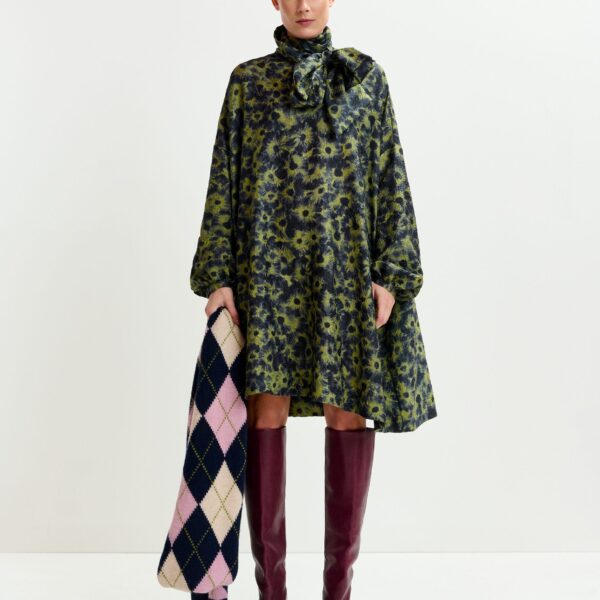Essentiel Antwerp Dark blue and khaki jacquard mini dress with pussy bow tie - Essentiel Antwerp Dresses - Colorful Belgian Design - Shop at Coveti