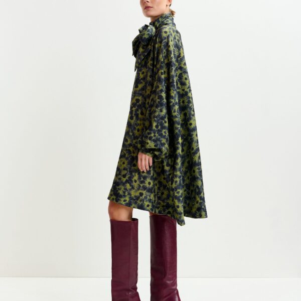Essentiel Antwerp Dark blue and khaki jacquard mini dress with pussy bow tie - Essentiel Antwerp Dresses - Colorful Belgian Design - Shop at Coveti