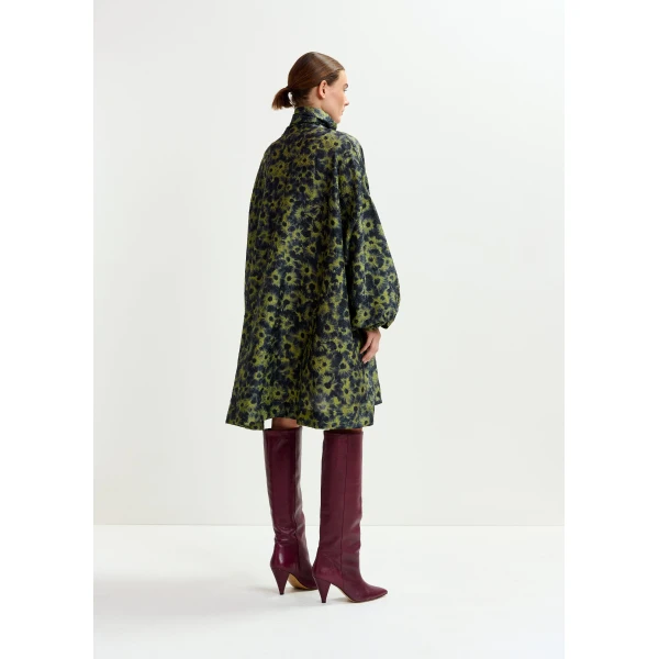 Essentiel Antwerp Dark blue and khaki jacquard mini dress with pussy bow tie, view 4
