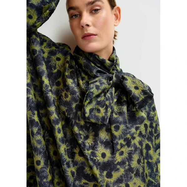 Essentiel Antwerp Dark blue and khaki jacquard mini dress with pussy bow tie, view 5