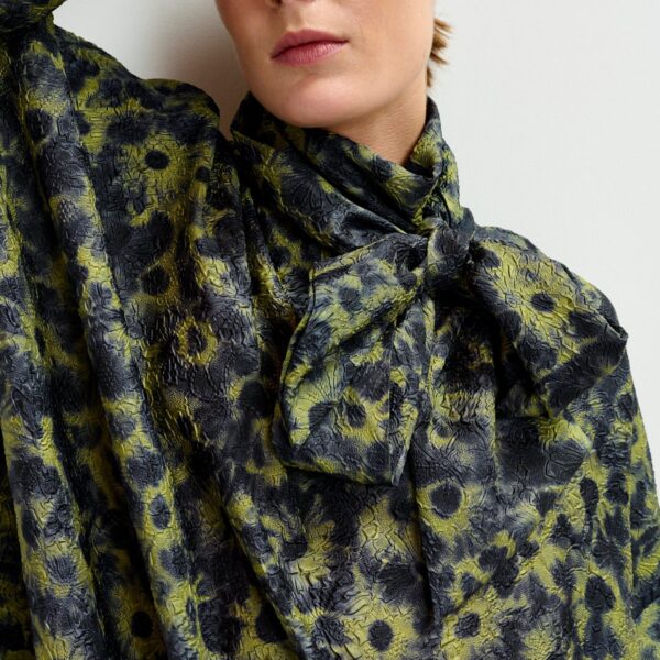 Essentiel Antwerp Dark blue and khaki jacquard mini dress with pussy bow tie - Essentiel Antwerp Dresses - Colorful Belgian Design - Shop at Coveti