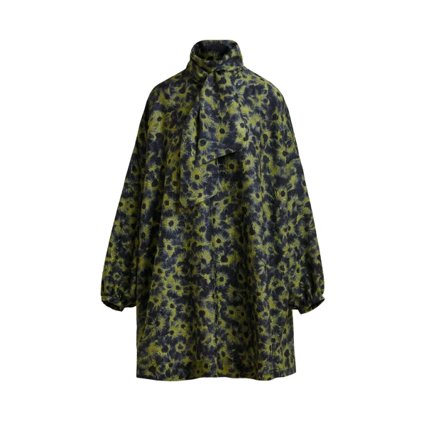 Essentiel Antwerp Dark blue and khaki jacquard mini dress with pussy bow tie - Essentiel Antwerp Dresses - Colorful Belgian Design - Shop at Coveti