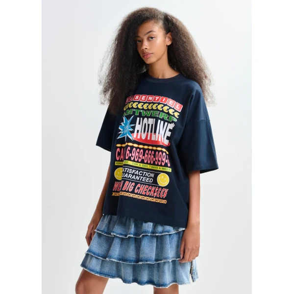 Essentiel Antwerp Dark blue and multicolor oversized graphic cotton T-shirt Top, view 2