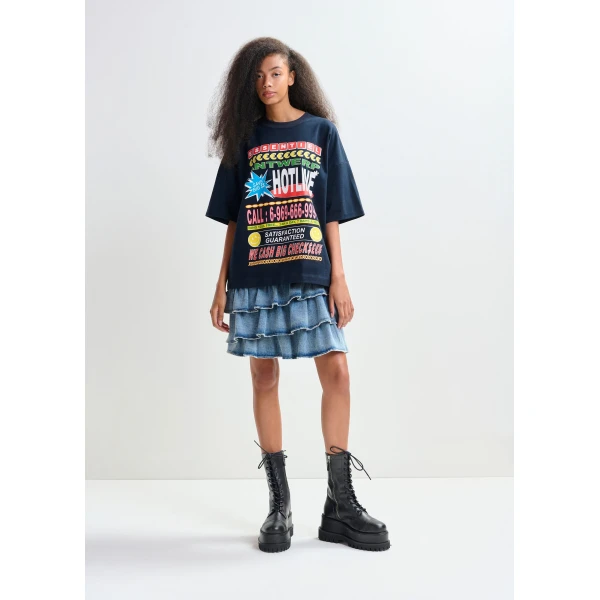 Essentiel Antwerp Dark blue and multicolor oversized graphic cotton T-shirt Top, view 3