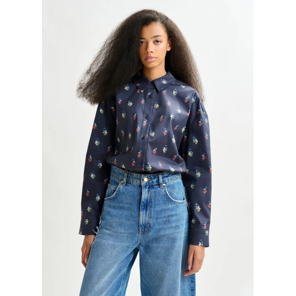 Essentiel Antwerp Dark blue, red and light blue floral-print cotton-blend shirt, view 2