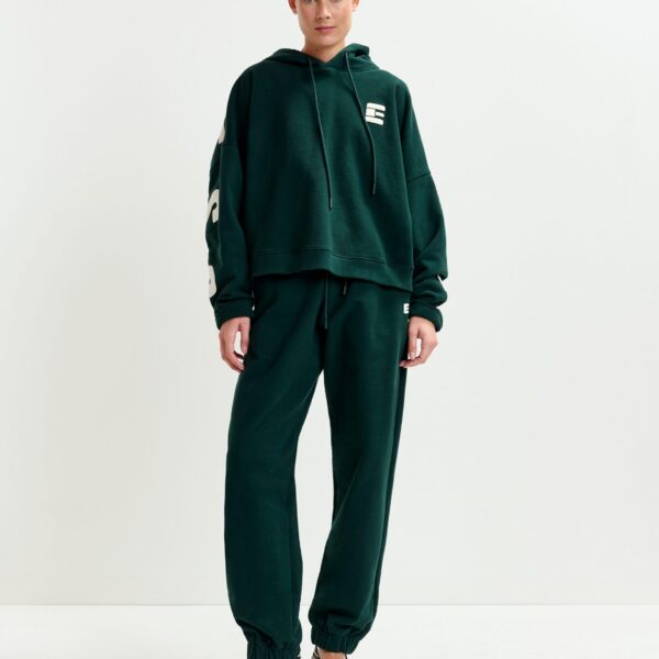 Essentiel Antwerp Dark green cotton sweatpants with E-shaped embroidery - Essentiel Antwerp Pants - Colorful Belgian Design - Shop at Coveti