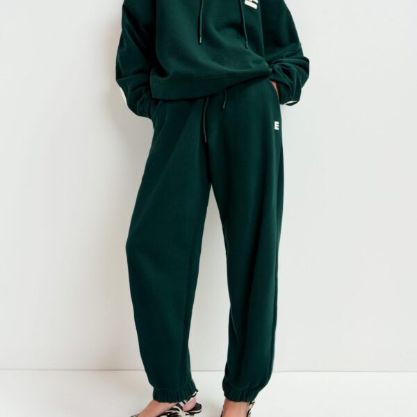 Essentiel Antwerp Dark green cotton sweatpants with E-shaped embroidery - Essentiel Antwerp Pants - Colorful Belgian Design - Shop at Coveti
