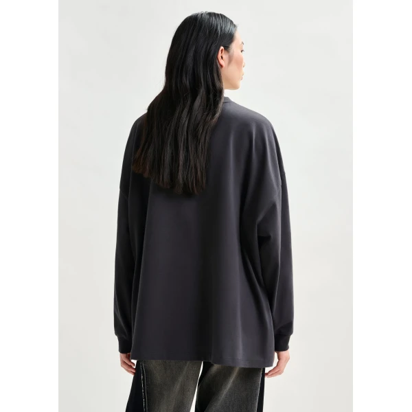 Essentiel Antwerp Dark grey and off-white printed organic cotton long-sleeve T-shirt Top, view 4