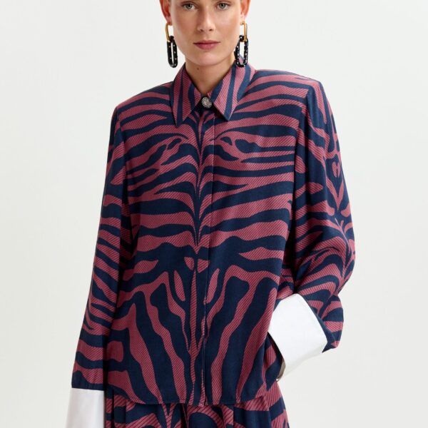 Essentiel Antwerp Dark pink and navy zebra-jacquard shirt with rhinestone-encrushed button - Essentiel Antwerp Shirts - Colorful Belgian Design - Shop at Coveti