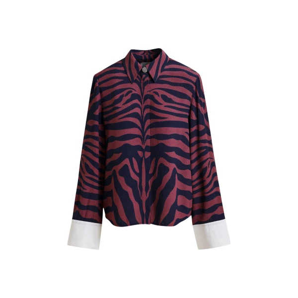 Essentiel Antwerp Dark pink and navy zebra-jacquard shirt with rhinestone-encrushed button - Essentiel Antwerp Shirts - Colorful Belgian Design - Shop at Coveti