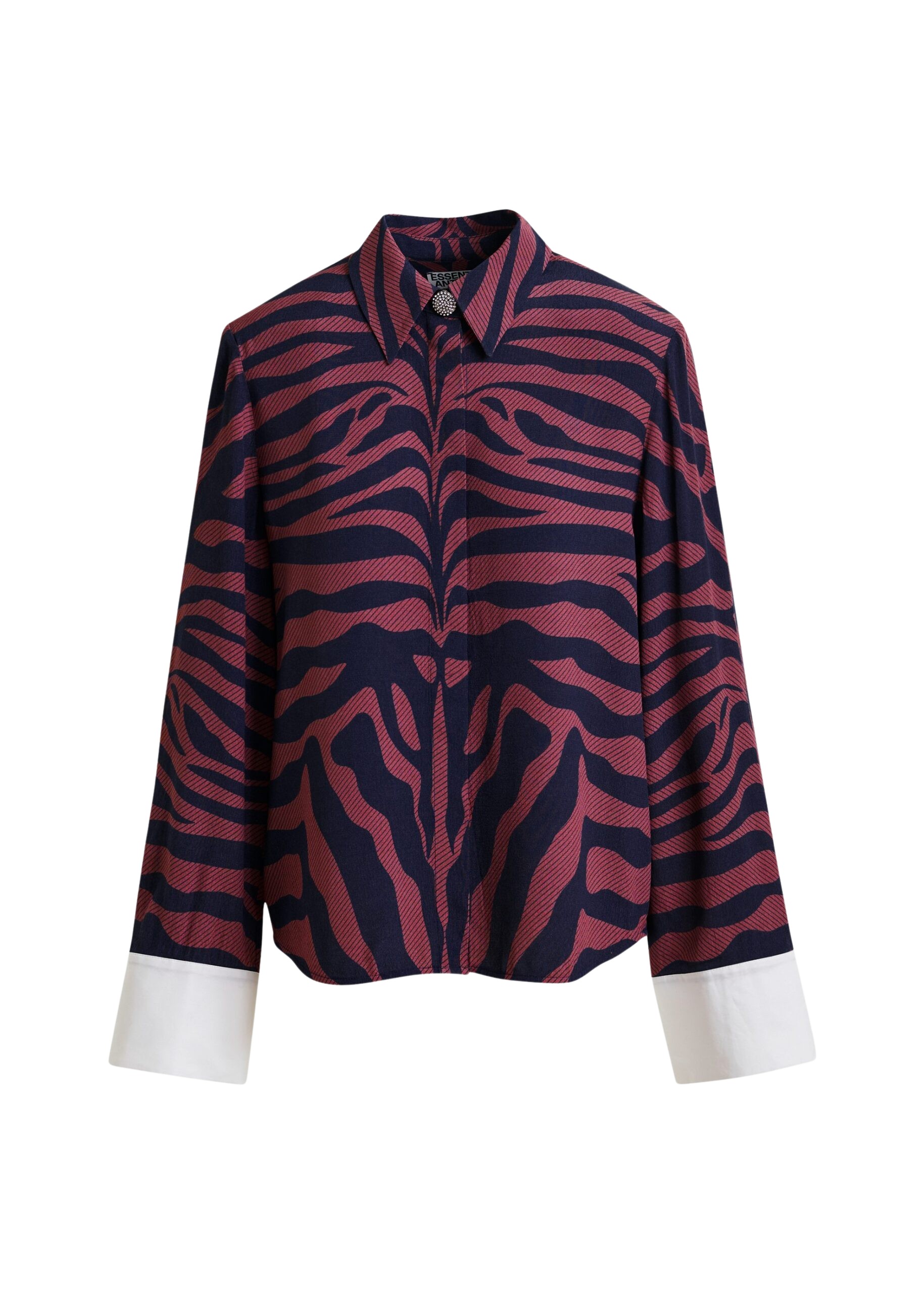 Essentiel Antwerp Dark pink and navy zebra-jacquard shirt with rhinestone-encrushed button - Essentiel Antwerp Shirts - Colorful Belgian Design - Shop at Coveti