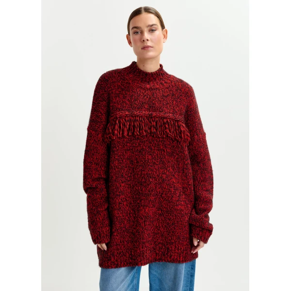 Essentiel Antwerp Dark red and black wool-blend sweater with fringe details, view 2