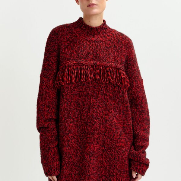 Essentiel Antwerp Dark red and black wool-blend sweater with fringe details - Essentiel Antwerp Knitwear - Colorful Belgian Design - Shop at Coveti