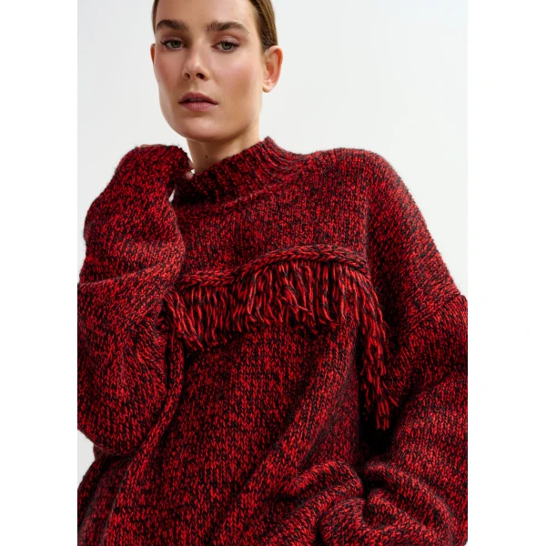 Essentiel Antwerp Dark red and black wool-blend sweater with fringe details, view 3
