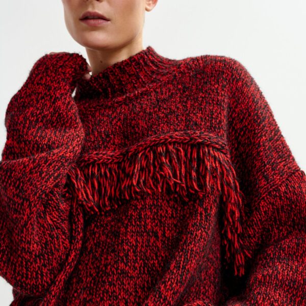 Essentiel Antwerp Dark red and black wool-blend sweater with fringe details - Essentiel Antwerp Knitwear - Colorful Belgian Design - Shop at Coveti