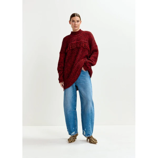 Essentiel Antwerp Dark red and black wool-blend sweater with fringe details, view 4