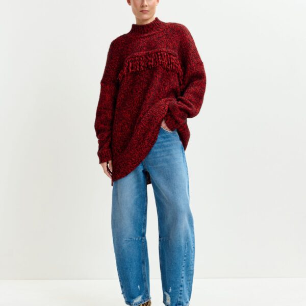 Essentiel Antwerp Dark red and black wool-blend sweater with fringe details - Essentiel Antwerp Knitwear - Colorful Belgian Design - Shop at Coveti