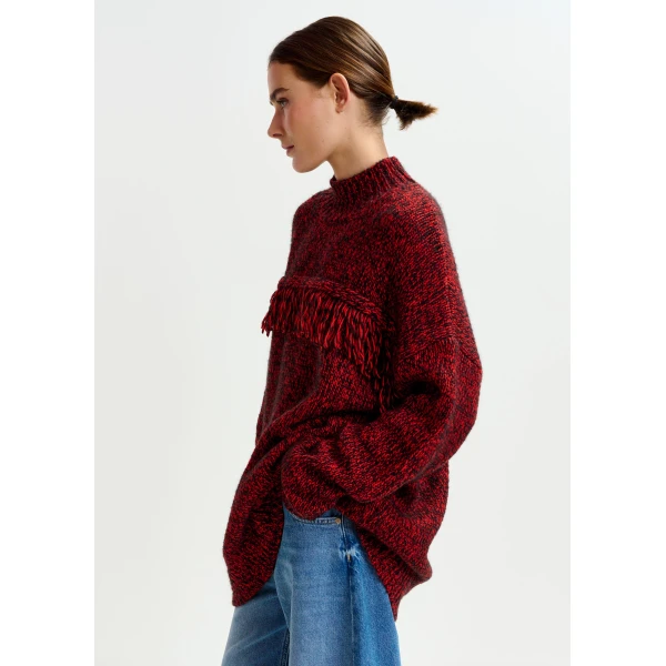 Essentiel Antwerp Dark red and black wool-blend sweater with fringe details, view 5
