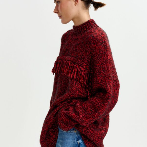 Essentiel Antwerp Dark red and black wool-blend sweater with fringe details - Essentiel Antwerp Knitwear - Colorful Belgian Design - Shop at Coveti