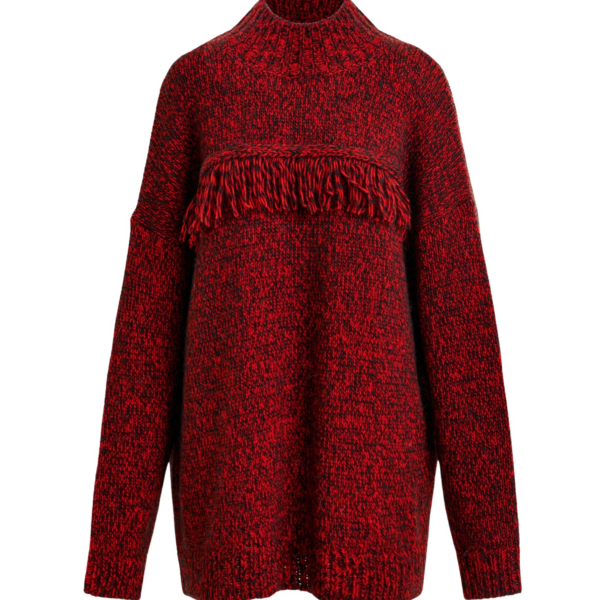 Essentiel Antwerp Dark red and black wool-blend sweater with fringe details - Essentiel Antwerp Knitwear - Colorful Belgian Design - Shop at Coveti