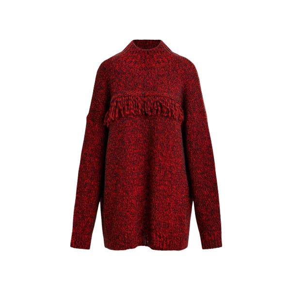 Essentiel Antwerp Dark red and black wool-blend sweater with fringe details - Essentiel Antwerp Knitwear - Colorful Belgian Design - Shop at Coveti