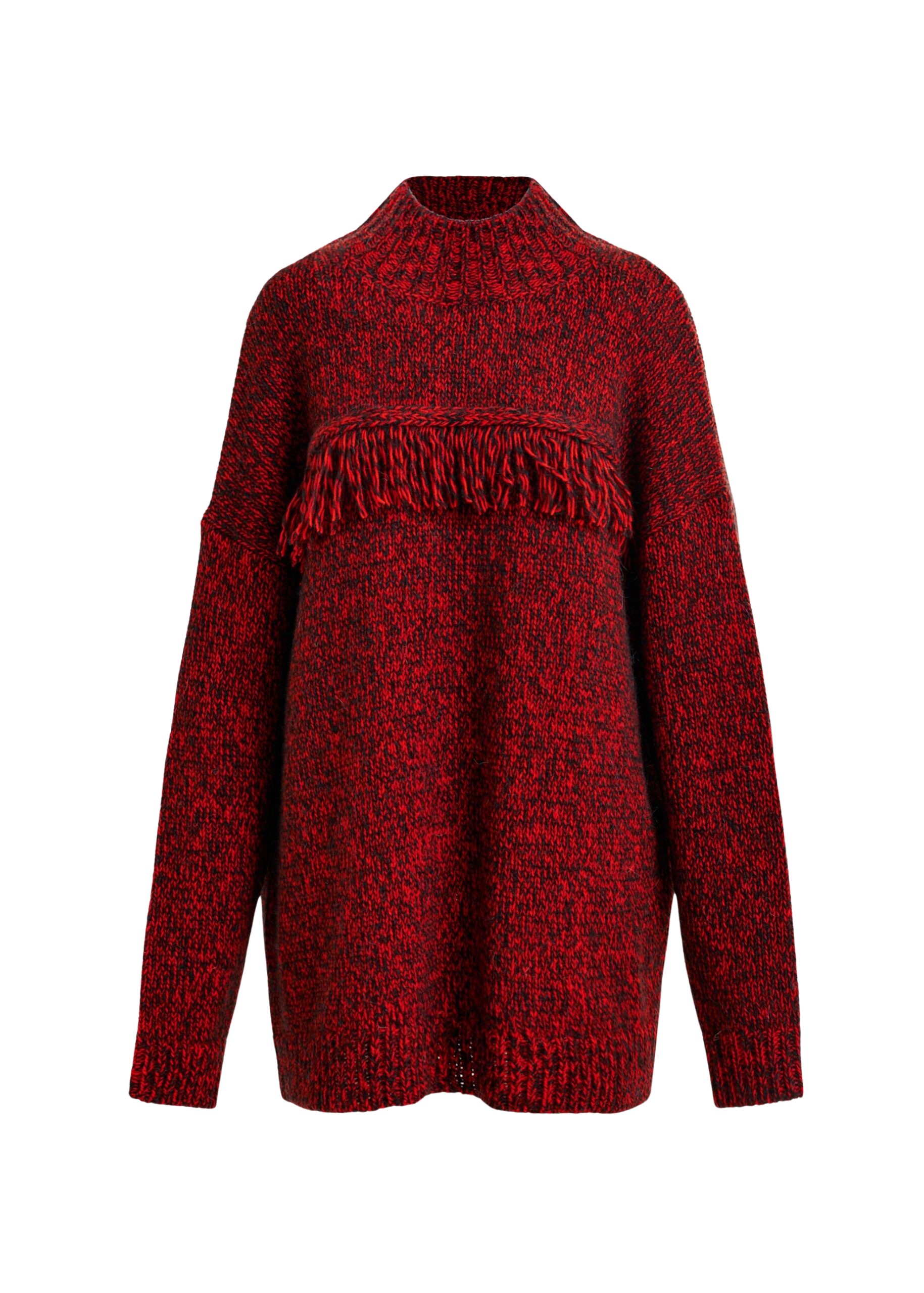 Essentiel Antwerp Dark red and black wool-blend sweater with fringe details - Essentiel Antwerp Knitwear - Colorful Belgian Design - Shop at Coveti
