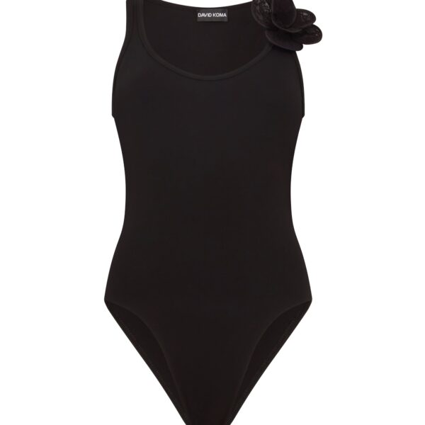 David Koma 3D Lace Flower Jersey Bodysuit In Black