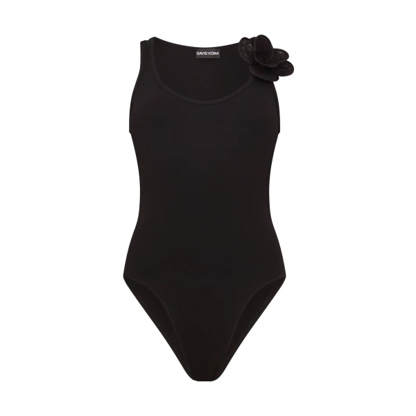 David Koma 3D Lace Flower Jersey Bodysuit In Black