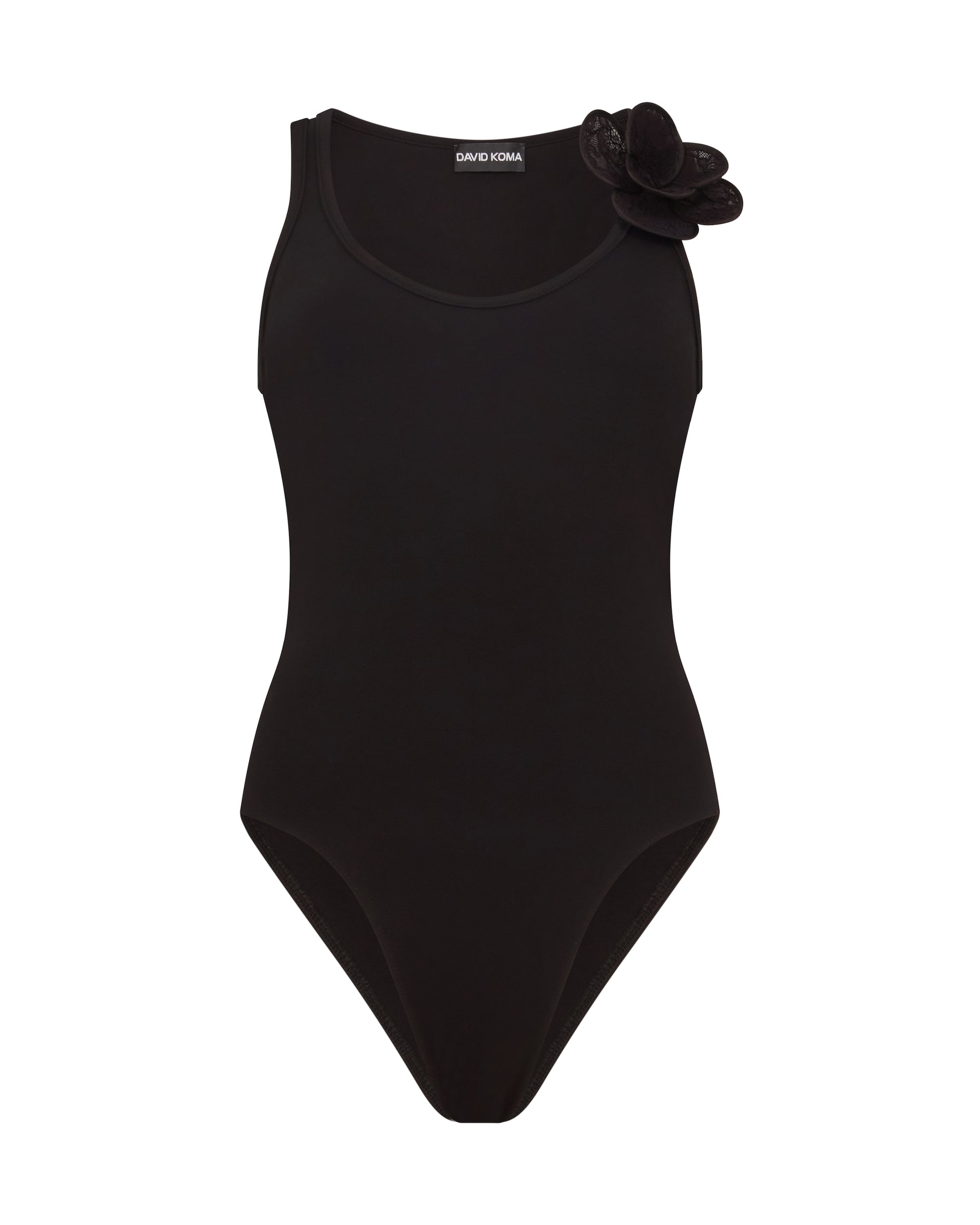 David Koma 3D Lace Flower Jersey Bodysuit In Black