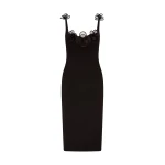 David Koma 3D Lace Flower Satin Midi Dress In Black