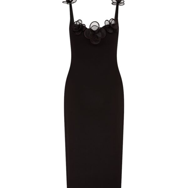 David Koma 3D Lace Flower Satin Midi Dress In Black