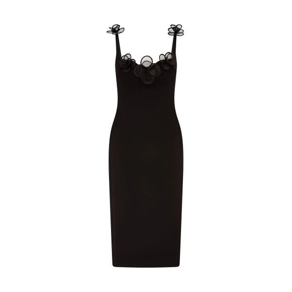 David Koma 3D Lace Flower Satin Midi Dress In Black
