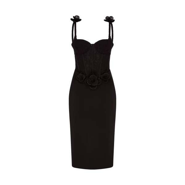 David Koma Lace Flower Corset Satin Midi Dress