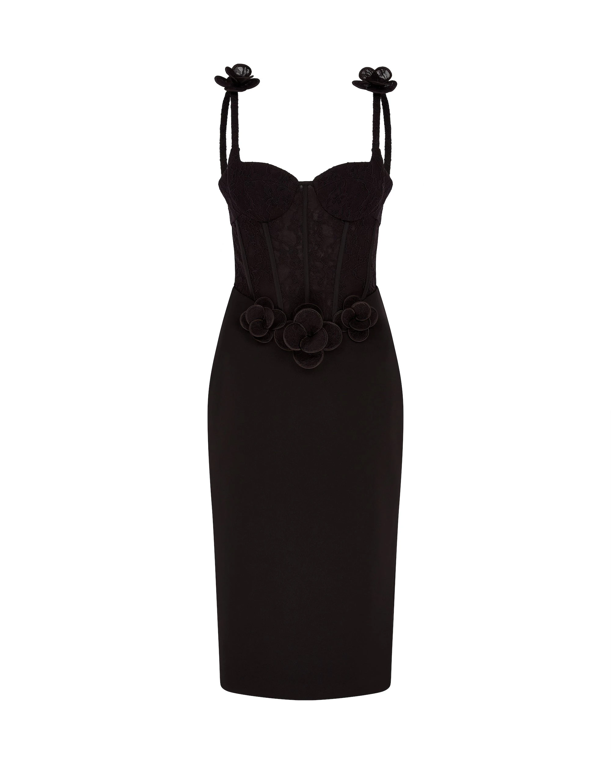 David Koma Lace Flower Corset Satin Midi Dress David Koma Lace Flower Corset Satin Midi Dress