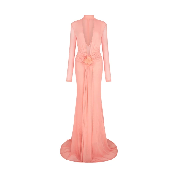 David Koma Lace Flower Plunge Gown In Peach