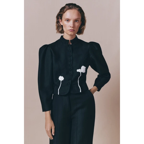 Destree Black virgin wool jacket with puff sleeves and floral embroidery - Destree - Graphic Parisian Fashion - Shop at Coveti